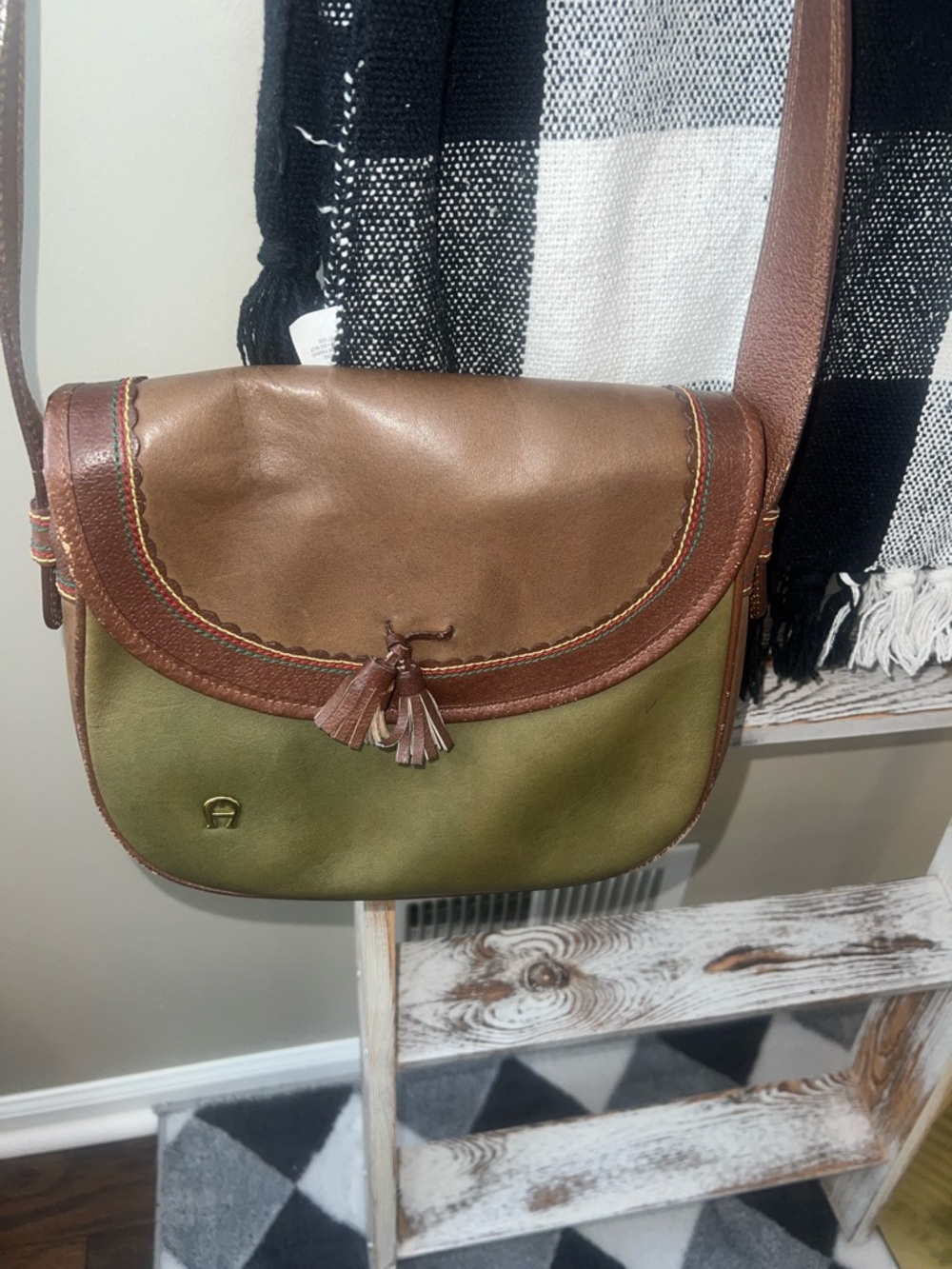 Etienne Aigner Olive and Brown Leather-Trim Crossbody Saddle Bag